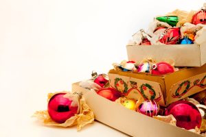 Boxes of christmas decorations