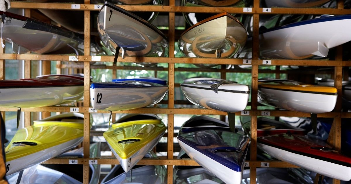 Kayaks stored on racks