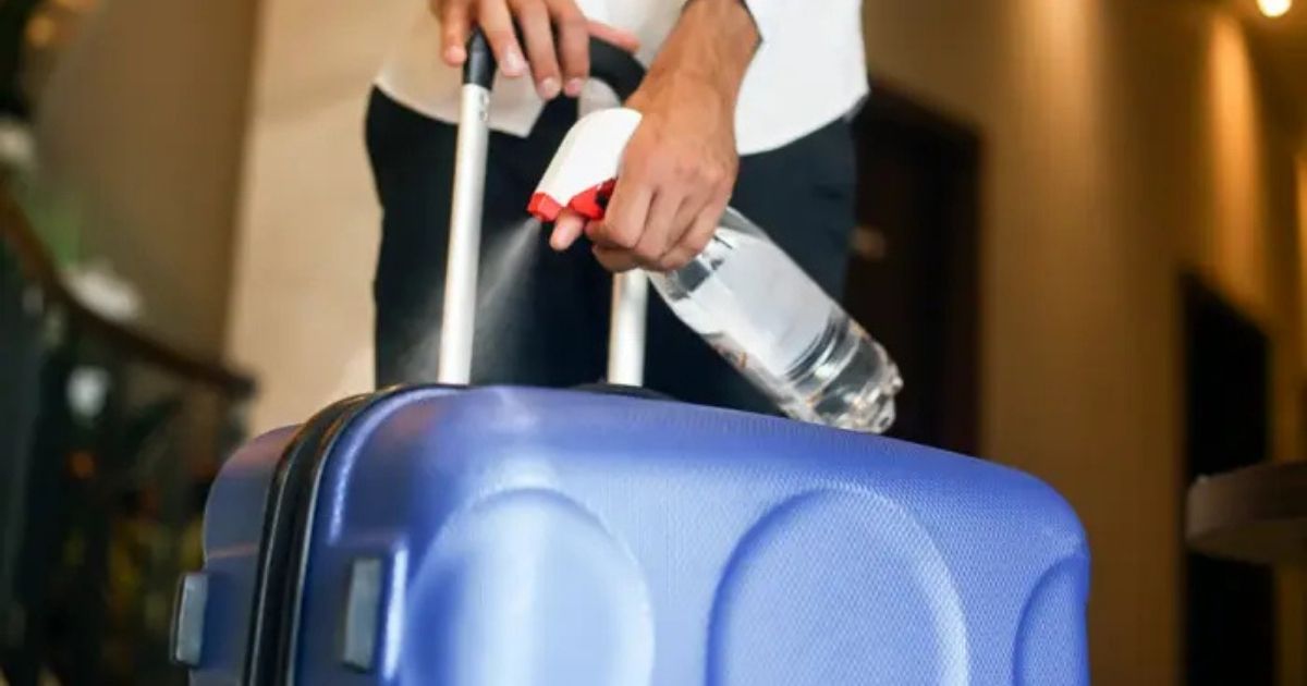 Person cleaning a suitcase