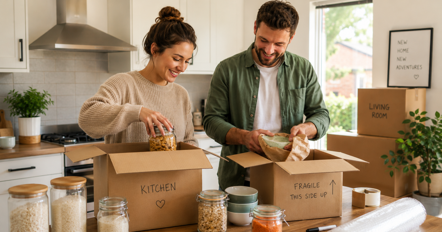 Two people packing jars into labeled moving boxes in a bright kitchen, smiling as they work.