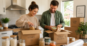 Two people packing jars into labeled moving boxes in a bright kitchen, smiling as they work.